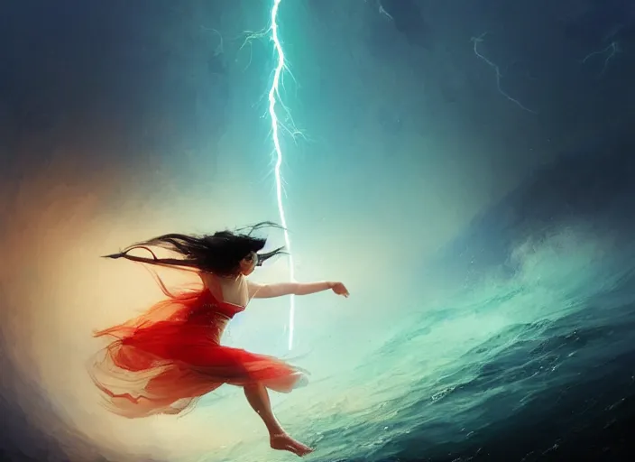 Prompt: seductive lee jin - eun running on water at super speed, emerging from multiversal galactic portal, splashes of lightning behind her, zooming past a jet, by ilya kuvshinov, peter mohrbacher, ruan jia, and james jean, aivazovsky, rule of thirds, coherent symmetry, close up, majestic, beautiful eyes
