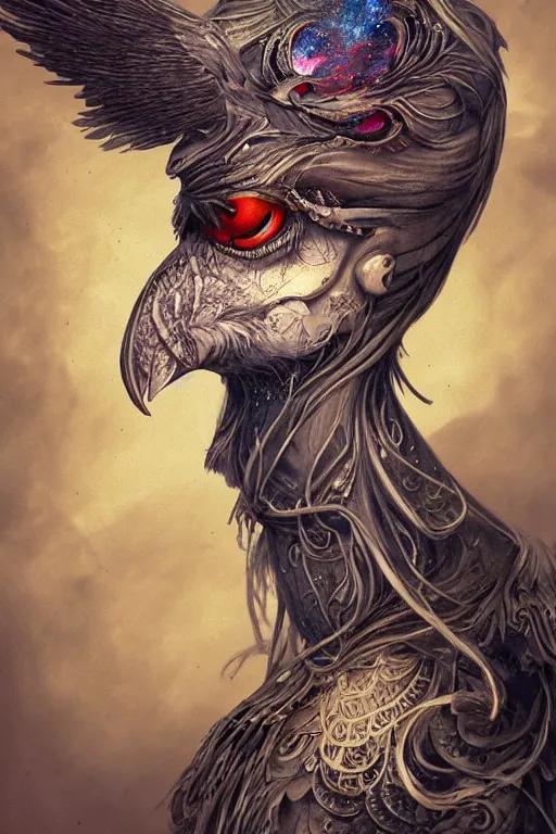 Image similar to a wlop 3 d render of very very very very highly detailed beautiful mystic portrait of a phantom undead raven bird with whirling galaxy around, tattoos by anton pieck, intricate, extremely detailed, digital painting, artstation, concept art, smooth, sharp focus, illustration, intimidating lighting, incredible art,