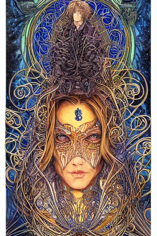 Image similar to A hyper-detailed, ultra-detailed, full-color photorealistic mixed media painting of Sandman Morpheus, perfectly symmetrical art nouveau portrait structure at night in the winter, full-color p. craig russell illustration in fineliner style,