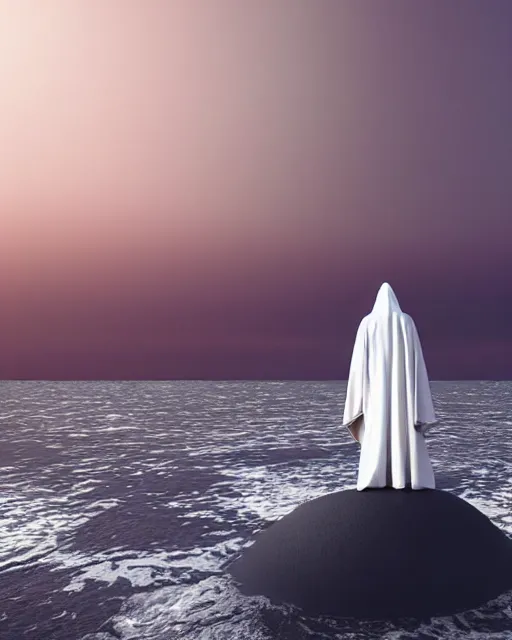 Image similar to a person wearing a white cloak that's blowing in the wind. they are standing in the water. a large planet with rings is visible in the sky. an album cover by stanley twardowicz, trending on cg society, retrofuturism, retrowave, chillwave, synthwave, 3 d render, unreal engine