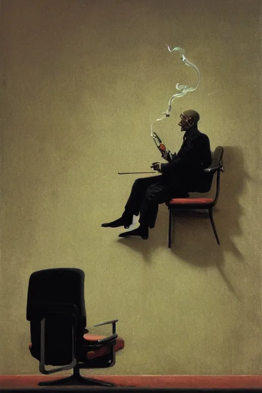 Prompt: Security guard sitting in a chair and watching an array of TV monitors while smoking a cigarette, highly detailed, soft lighting, elegant, Wayne Barlowe, Edward Hopper and James Gilleard, Zdzislaw Beksinski, Steven Outram, highly detailed