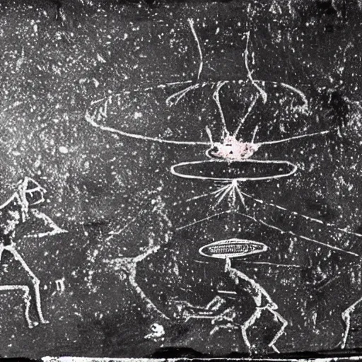 Image similar to A photograph of a prehistoric cave painting, depicting a UFO sighting