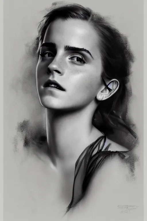 Prompt: emma watson gathered faille v - neck detailed portrait painting by gaston bussiere craig mullins j. c. leyendecker award winning photograph photorealsitic octane render photograph by richard avedon peter lindbergh monochrome studio lighting