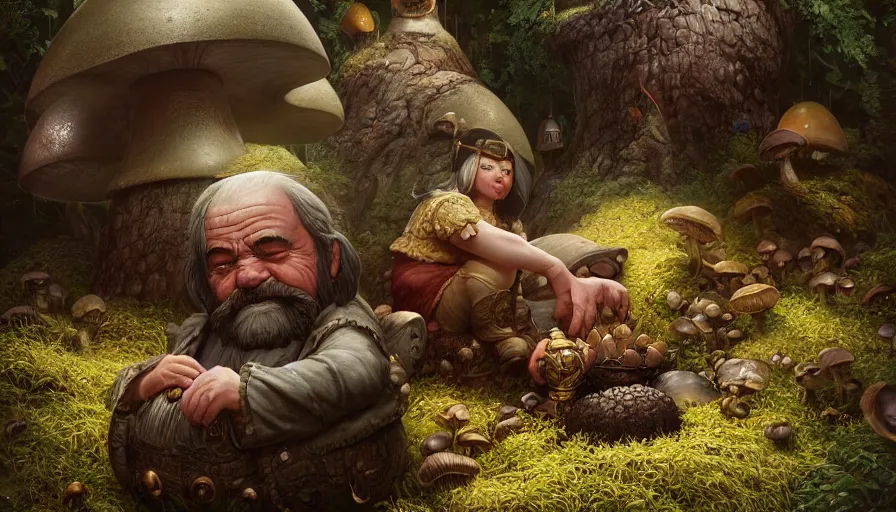 Prompt: dwarf resting under mushroom, by ilya kuvshinov, rtx rendering, octane render 1 2 8 k, maya, extreme high intricate details by tom bagshaw, medium shot, close up shot, composition by sana takeda, lighting by greg rutkowski
