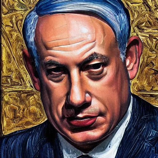 Prompt: benjamin netanyahu on a victorian style bad old deteriorating walls in the background in the style of lucian freud, painting, dark, brush strokes