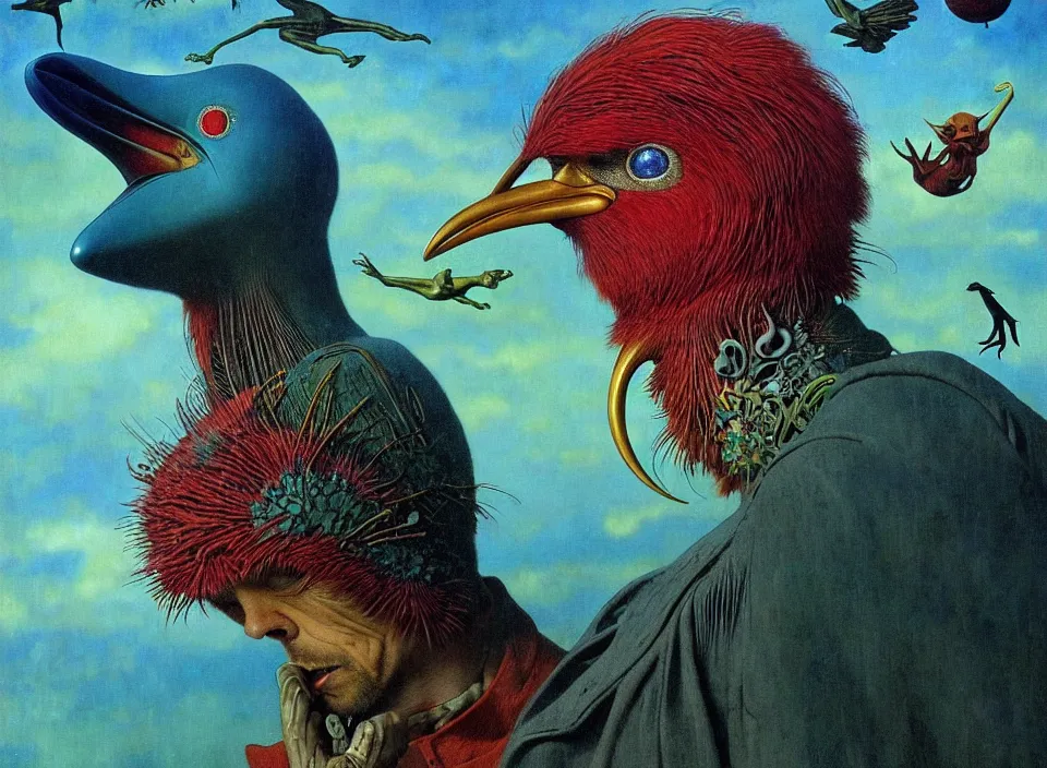 Prompt: realistic detailed portrait movie shot of a birdman wearing a dark blazer, sci fi landscape background by denis villeneuve, amano, yves tanguy, alphonse mucha, ernst haeckel, max ernst, roger dean, masterpiece, rich cold moody colours, dog teeth, blue eyes