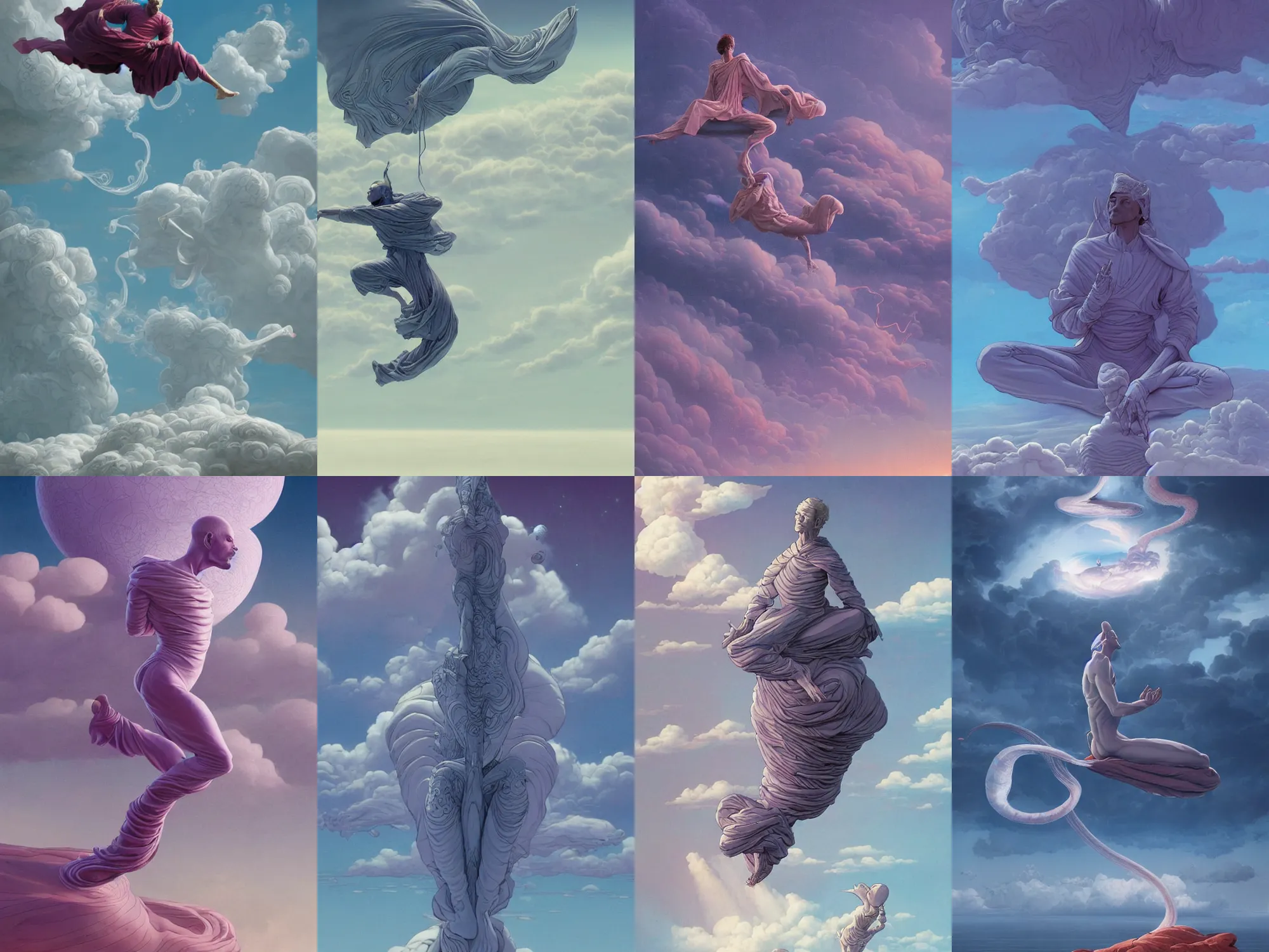 Prompt: a prince meditating and floating in the air, swirly clouds in the background, art by James Jean and Wayne Barlowe and moebius, high details , cinematic, cgsociety 8k