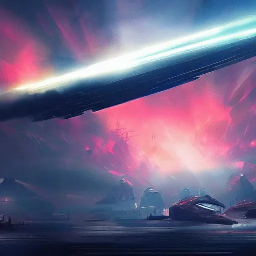 Prompt: Alien ships+red sky+blue beams+decimated city+artstation +concept art+dark+sad