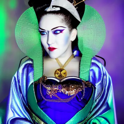 Prompt: portrait of a madonna as a geisha dressed in metallic blue clothes, futuristic makeup in a studio with green lights behind, award winning photography