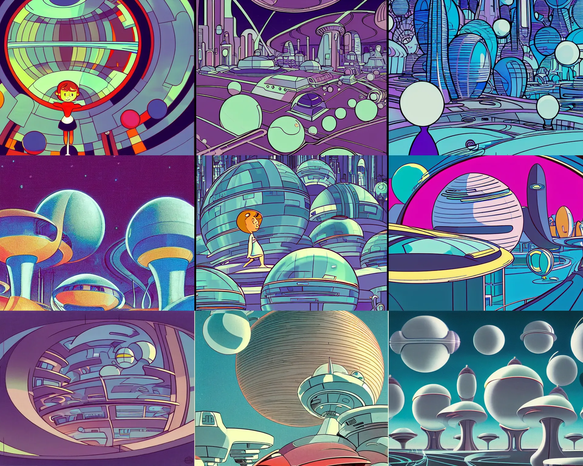 Prompt: a strange, retrofuturistic futuristic city of spheres of the jetsons. delicate, haunting, almost dreamy lines and colors of the gentle gaze of a brooding child.