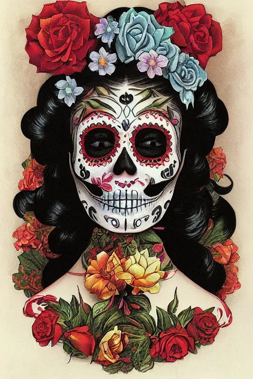 Image similar to illustration of a sugar skull day of the dead girl, art by martin johnson heade
