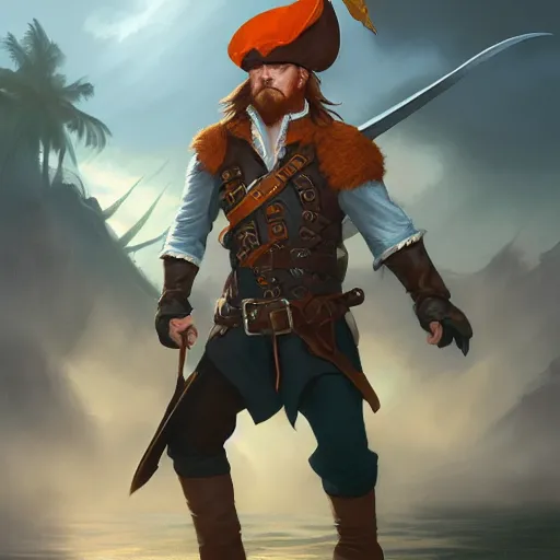 Image similar to handsome charming ginger rogue, long pointed ears, tricorne pirate captain hat, naval background, D&D, fantasy, portrait, cinematic lighting, highly detailed, digital painting, artstation, concept art, smooth, sharp focus, illustration, volumetric lighting, great composition, 8k, art by Greg Rutkowski
