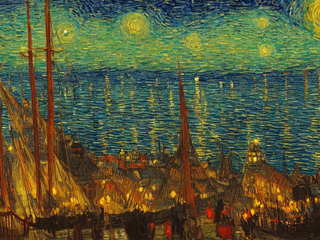 Prompt: oil painting of a viking longship entering port at new york city at night, light scatter, van gogh