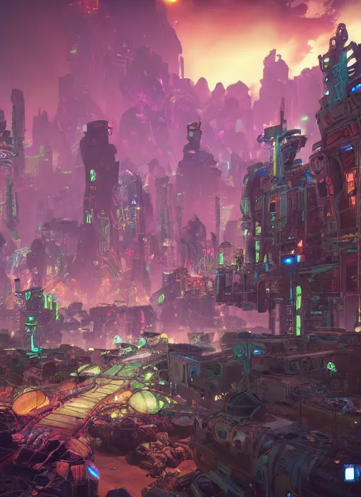 Prompt: glowwave techno civilization from borderlands 3, au naturel, hyper detailed, digital art, trending in artstation, cinematic lighting, studio quality, smooth render, unreal engine 5 rendered, octane rendered, art style by klimt and nixeu and ian sprigger and wlop and krenz cushart.