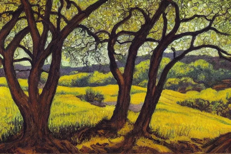 Image similar to masterpiece painting of oak trees on a hillside overlooking a creek, dramatic lighting, by dorothy p. lathrop