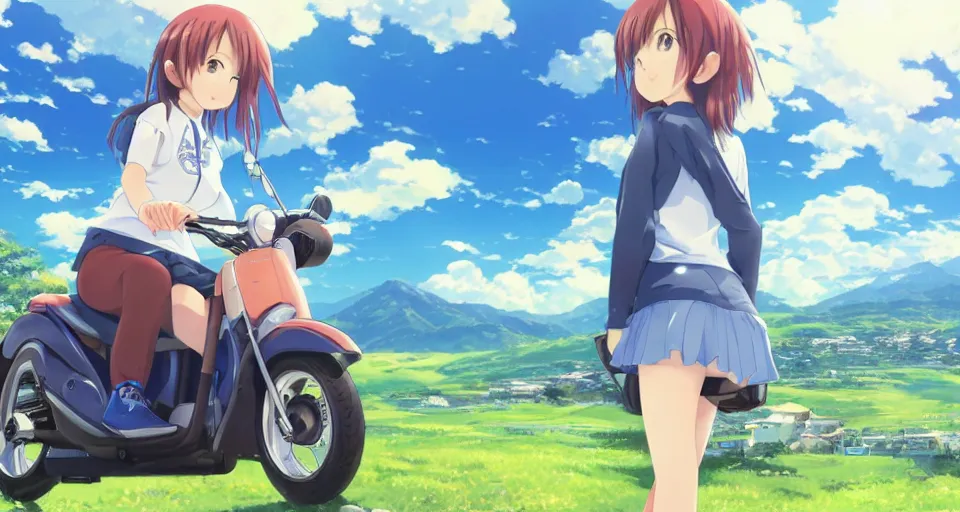 Image similar to close up of a high definition anime girl in a blue honda c90 with armenia quindio in the background , Artwork by Makoto Shinkai, pixiv, 8k, official media, wallpaper, hd