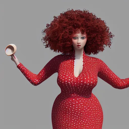 Prompt: Cinema4d Render of a gorgeous red haired woman with big curly hair and freckles, curvy figure wearing dress with flower print, realistic iris, Pixar CGI , octane render, sharp details, bloom, 8k resolution, OLED