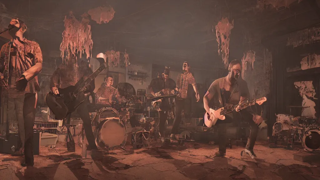 Prompt: horror scene featuring the musicians in dave matthews band, illustrated by rafael marquez digital art western aesthetic, artger, unreal engine 5