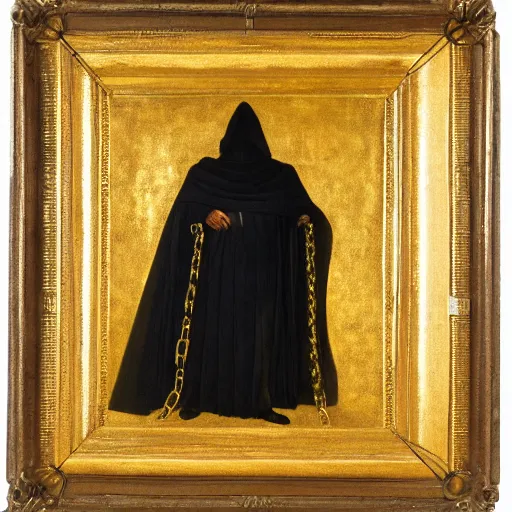 Prompt: a man wearing long dark shadowy cloak, covered in golden chains, oil painting, high detail