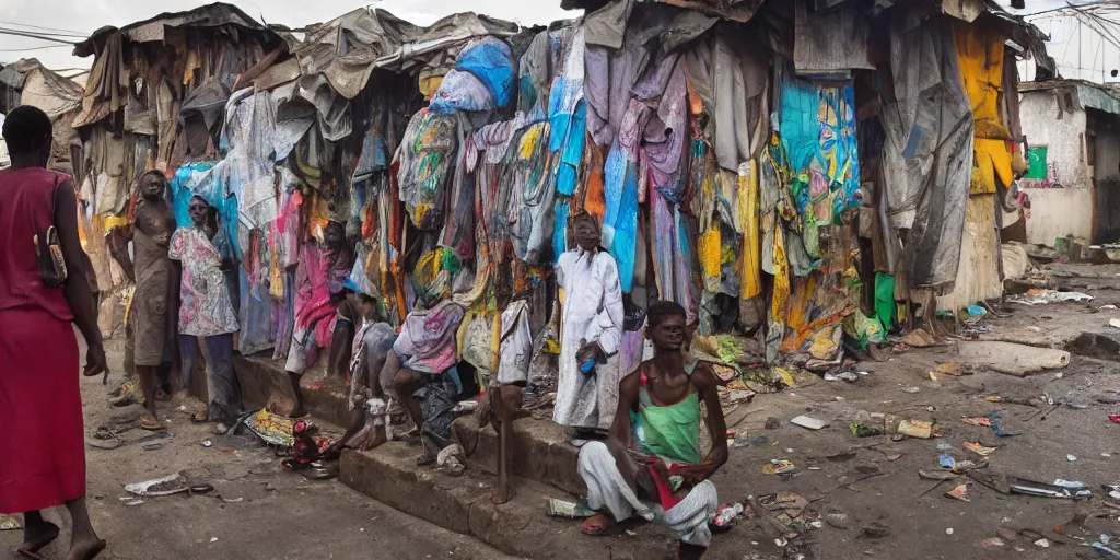 Prompt: ROBOT of AJEGUNLE SLUMS of Lagos inside JESUS CHRIST about AESTHETICS surrounding large UFO within NEON rays of light,