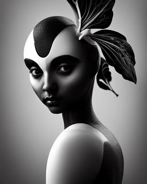 Image similar to surreal mythical dreamy dark artistic black and white fine art 3 / 4 portrait photo of a young delicate female robot - vegetal - human with orchid - owl face, rim light, cinematic, studio dramatic light, poetic, octane render, 8 k, photo - realistic