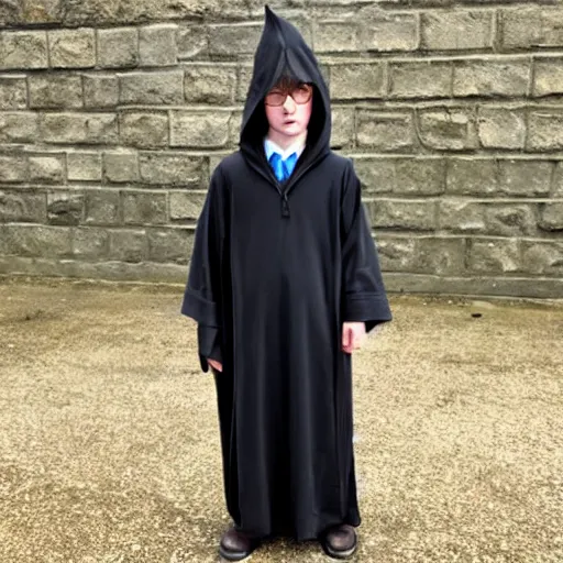 Prompt: harry potter wearing a dark hooded robe