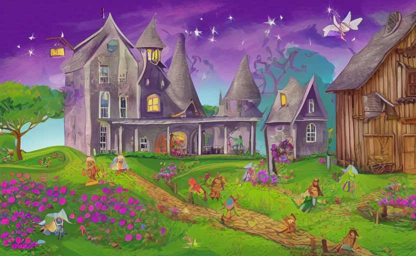 Image similar to magical farmhouse, fairies flying, vector, storybook, muted colors, gouache, flat, sharp edges, print