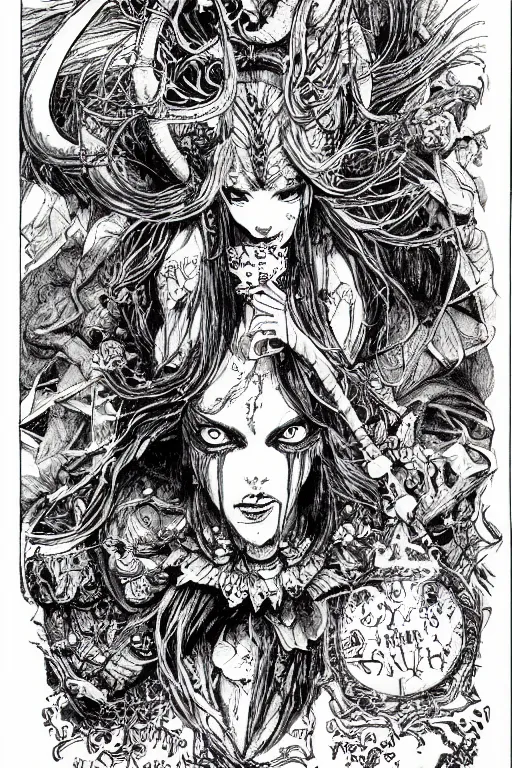 Image similar to Demon Alice in wonderland tarot card , pen and ink, intricate line drawings, by Yoshitaka Amano, Ruan Jia, Kentaro Miura, Artgerm, watercolor