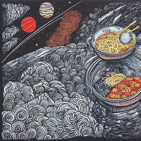 Prompt: a ramen foodcart on an asteroid at the end of the universe, cosmic and colorful pen drawing, deep colors