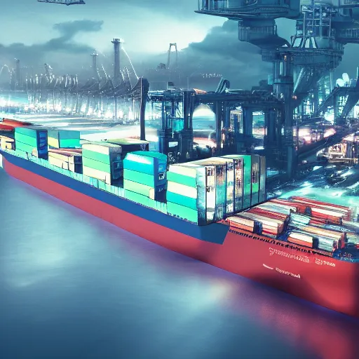 Image similar to photo of Immense industrial futuristic cargo ship arrives at cyber punk city sea port, cinematic lighting, photo