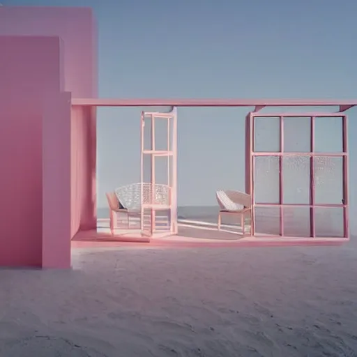Image similar to An ultra high definition, professional photograph of ( an outdoor partial IKEA showroom inspired sculpture located on a pastel pink beach ((with pastel pink, dimpled sand where every item is pastel pink. )) The sun can be seen rising through a window in the showroom. The showroom unit is outdoors and the floor is made of dimpled sand. The showroom unit takes up 20% of the frame. )A square dot matrix sign displays an emoji somewhere in the scene. Morning time indirect lighting with on location production lighting on the showroom. In the style of wallpaper magazine, Wes Anderson.