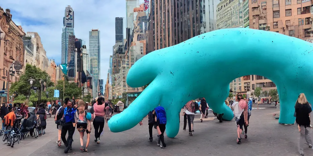 Prompt: huge turquoise weenies walk around the city