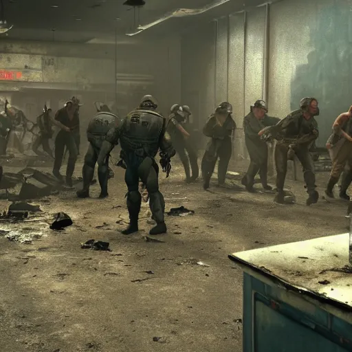 Image similar to movie still from the live action fallout 4 movie, rendering of a riot in a fallout shelter, uhd, 8k, cinematic,
