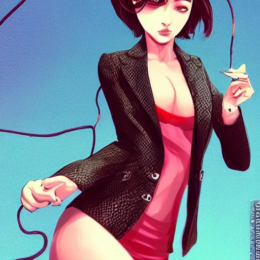 Prompt: cute beautiful decisive girl in jacket suit with snake print over bare skin, elegant, 2d, ultra highly detailed, digital painting, smooth, sharp focus, artstation, pixiv, art by Ilya Kuvshinov