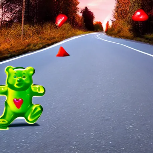 Prompt: A scary gummy bear is chasing me ,night,street,road