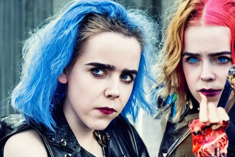 Image similar to promotional image of kiernan shipka as a british punk rocker in a new movie, blue dyed hair, leather clothes, heavy makeup, detailed face, movie still frame, promotional image, imax 70 mm footage