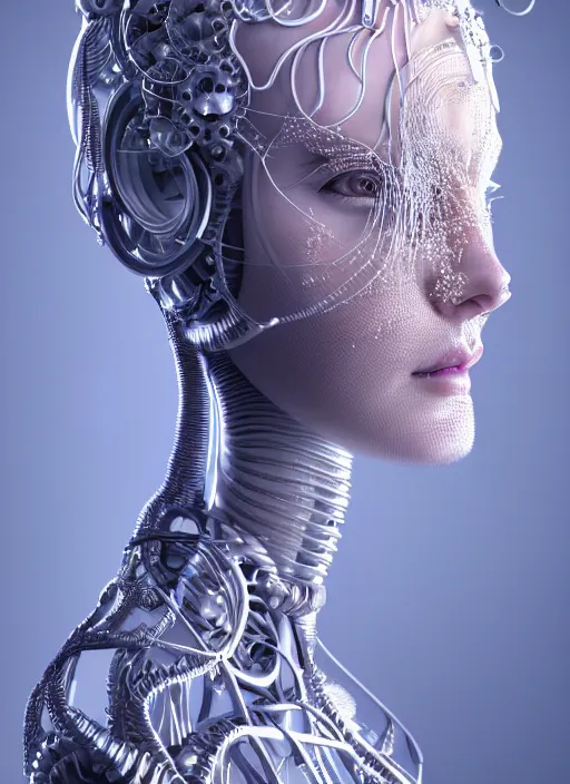 Image similar to portrait of an absurdly beautiful, graceful, sophisticated, fashionable cyberpunk mechanoid, hyperdetailed illustration by irakli nadar and alexandre ferra, intricate linework, white porcelain skin, faberge, jellyfish headdress, octane render, global illumination, bright 3 point light, detailed and intricate environment