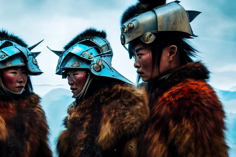 Image similar to vfx film closeup, futuristic mongolian warriors, sci - fi mongolian village, robot stand - off, flat color profile low - key lighting award winning photography arri alexa cinematography, hyper real photorealistic cinematic, atmospheric cool colorgrade