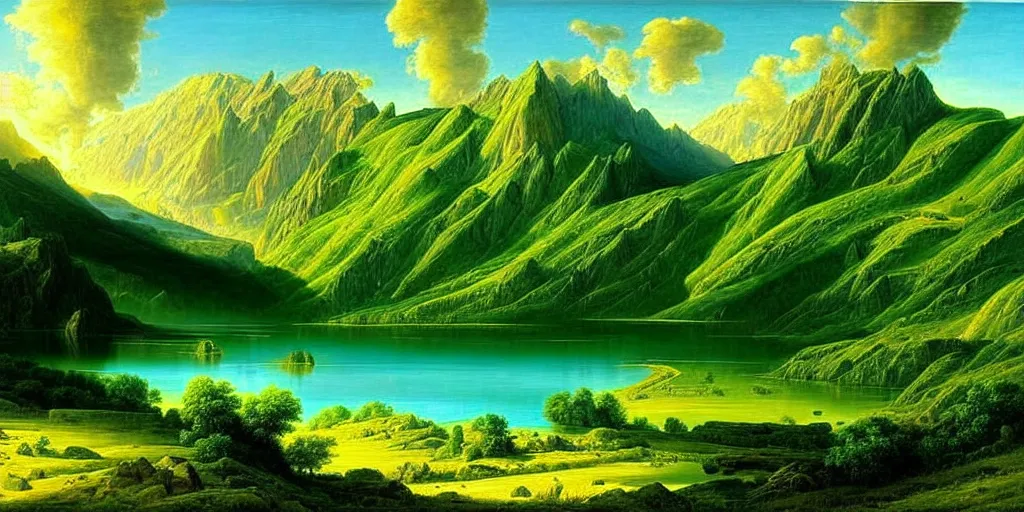 Image similar to a beautiful landscape, sun rises between two mountains, a lake in between the mountains, green, lush vegetation, blue sky, cloudy, painting by john stephans, extremely detailed, hyper realism
