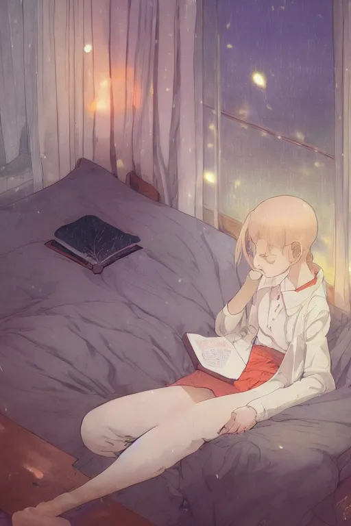 Prompt: a teenage girl with white short hair in a jk uniform outfit in the bedroom reading a book in a night, raining outside the window, grey and orange theme, by krenz cushart and mucha and akihito yoshida and greg rutkowski and makoto shinkai, 4 k resolution