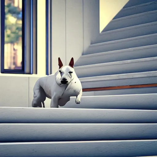 Prompt: bull terrier bounces up stairs rendered in unreal engine