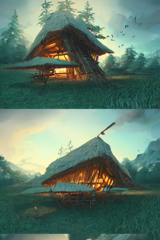 Image similar to an awesome twilight day concept art of old hut standing at giant hen's legs, by kengo kuma and wes anderson with village, mixed development, cgsociety, fantastic realism, artstation hq