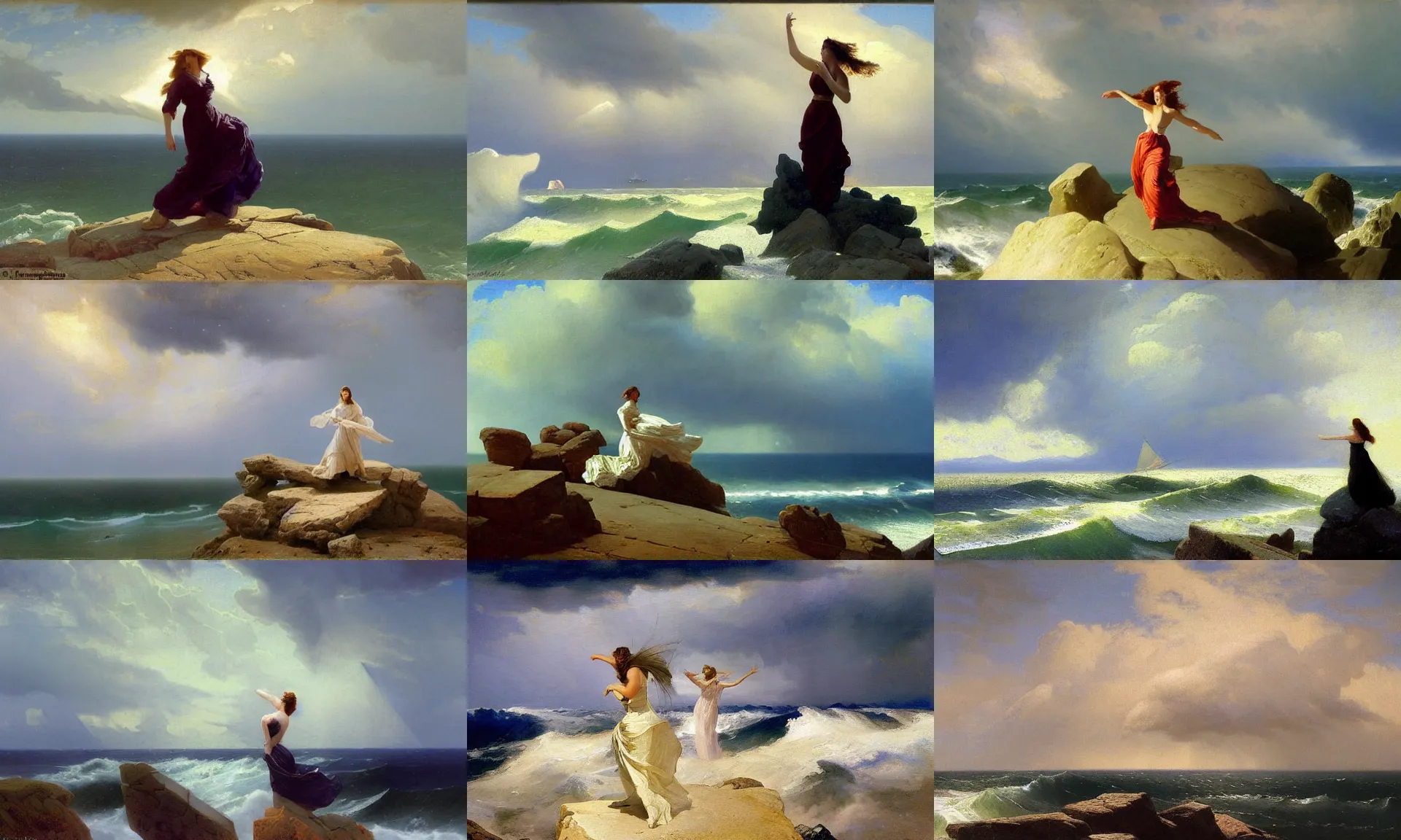 Prompt: stormy sky, extremely strong wind, cumulonimbus, woman in dress figure standing on the stones, realism, view from above on seascape, artwork by christopher blossom and frederick judd waugh and franklin carmichael and Russ Kramer and ivan aivazovsky and isaac levitan