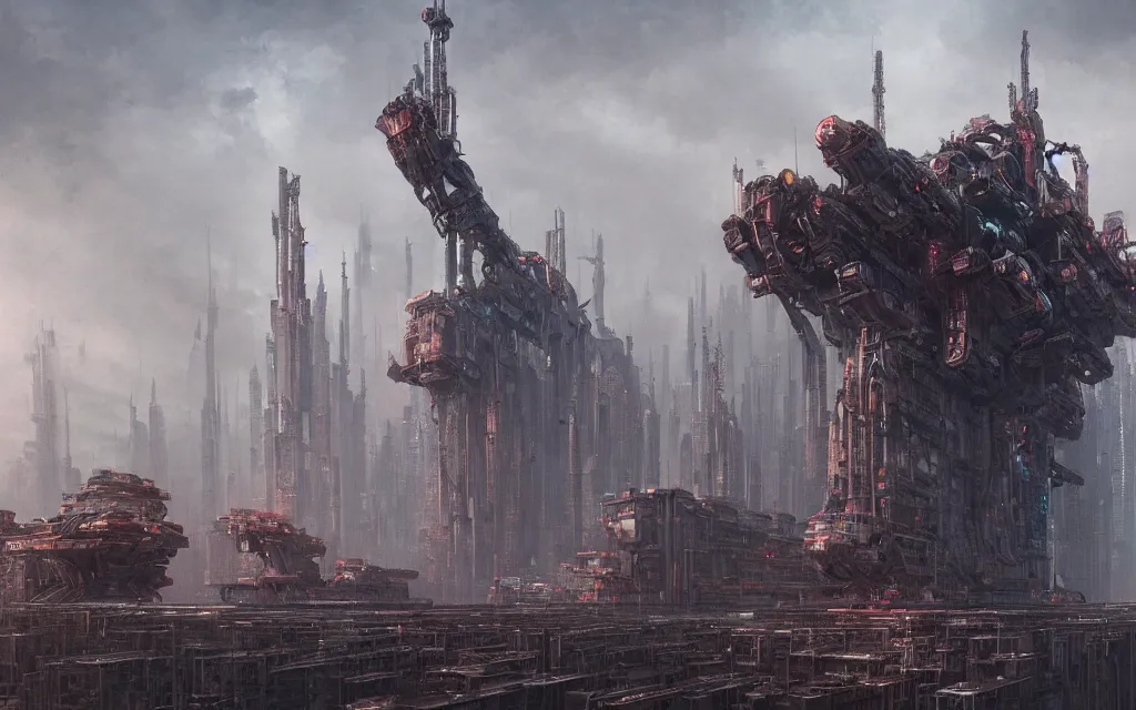 Image similar to gigantic mechanic megastructure, warhammer, cyberpunk, intricate, elegant, highly detailed, digital painting, artstation, concept art, smooth, sharp focus, octane render, dramatic lighting, volumetric lighting, cinematic lighting, art by zdislav beksinski and wayne barlowe