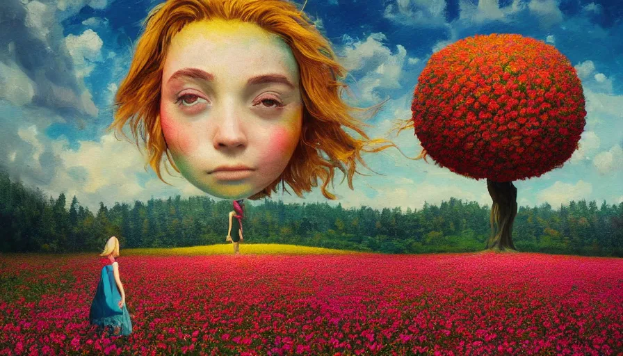 Image similar to girl with a giant flower as a face, surreal photography, dream, standing in flower field, hills, big trees, sunrise dramatic light, impressionist painting, colorful clouds, digital painting, pointillism, artstation, simon stalenhag, flower face