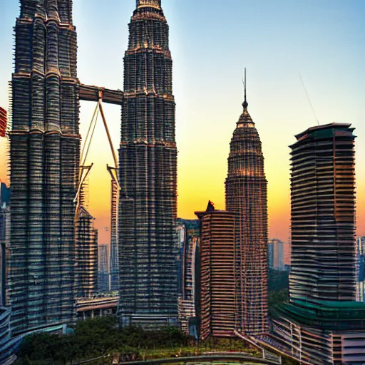 Image similar to the petronas towers replaced in the kuala lumpur skyline with elac debut floor standing speakers, ultra realistic, kodachrome 6 4, golden hour image