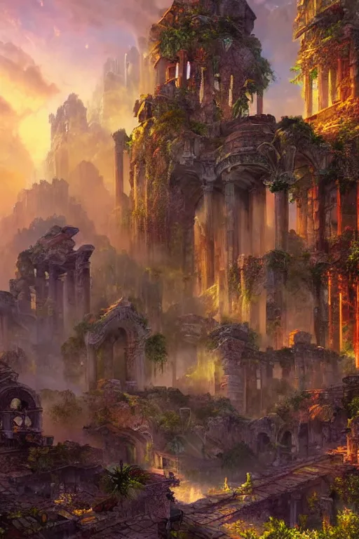 Image similar to beautiful matte painting vaporwave, fantasy ruins skyline background painted, intricate, volumetric lighting, beautiful, rich deep colors masterpiece, sharp focus, ultra detailed by