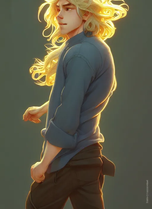 Prompt: young man with medium - length, curly, golden hair, aquamarine eyes, natural lighting, path traced, highly detailed, high quality, cartoon, digital painting, by new haicheng and ross tran and studio ghibli and alphonse mucha