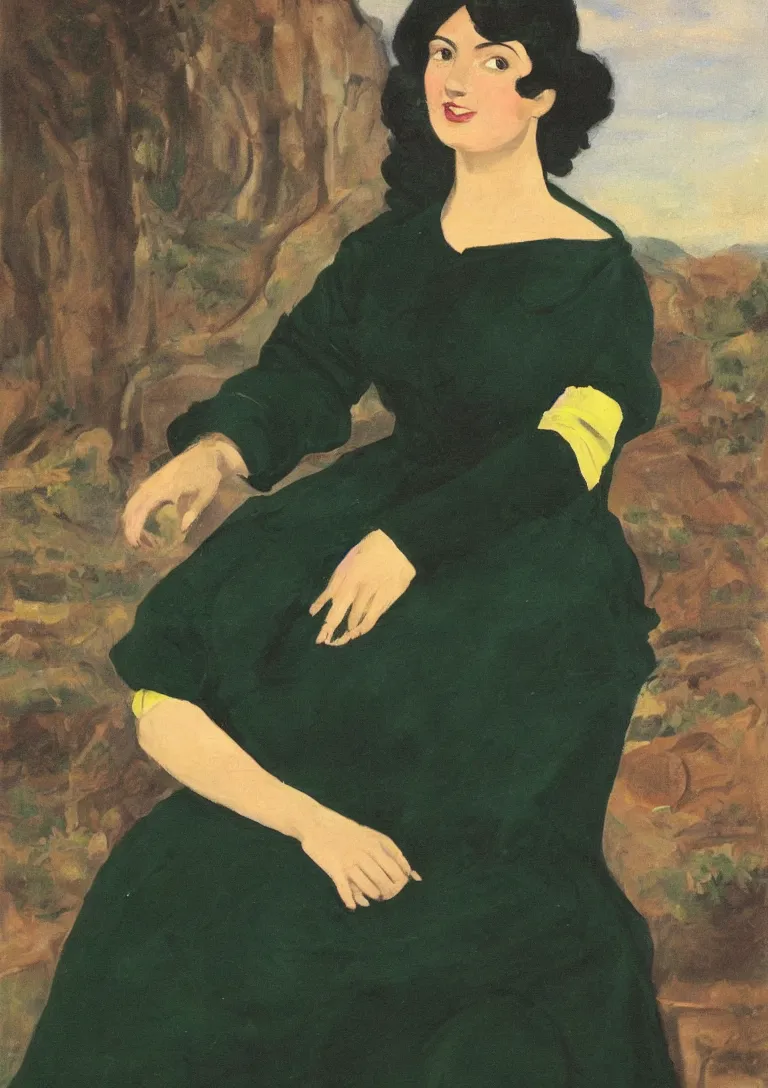 Image similar to a portrait of a young woman from the fifties, seated in front of a landscape background, her black hair is a long curly, she wears a dark green dress pleated in the front with yellow sleeves, puts her right hand on her left hand, mannerism