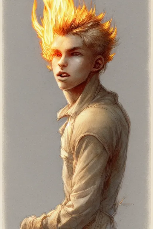 Prompt: character art by jean - baptiste monge, young man, blonde hair, on fire, fire powers